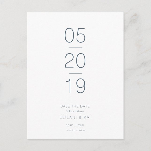 Minimalistisches Weiß und Navy Blau Save the Date Ankündigungspostkarte (Vorderseite)