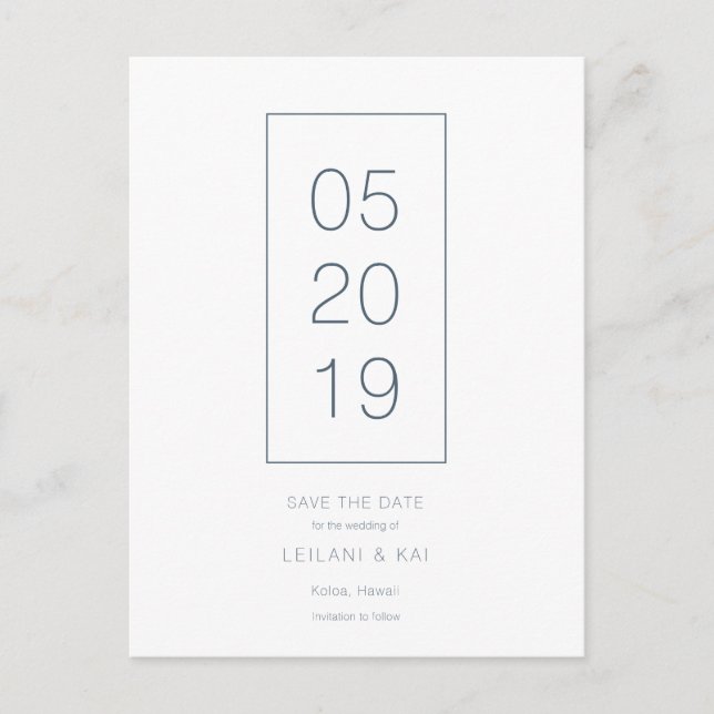 Minimalistisches Weiß und Navy Save the Date Postk Ankündigungspostkarte (Vorderseite)