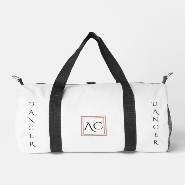 Minimalistisches weißes "DANCER" Monogramm und Nam Duffle Bag (Vorderseite)