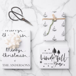 Minimalistisches weißes schwarzes Weihnachtsgesche Geschenkpapier Set
