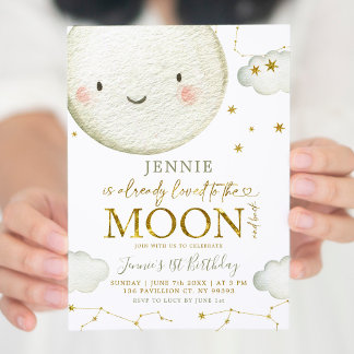 Minimalistisches White and Gold Moon Girl Geburtst Einladung