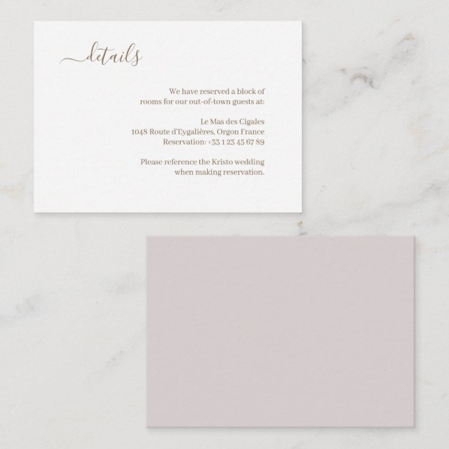 Minimalistisches White Blush Gold Wedding Hotel -  Begleitkarte (Vorne/Hinten)