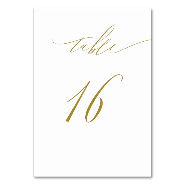 Minimalistisches White Gold Elegant Script 16 Wedd Tischnummer (Vorderseite)