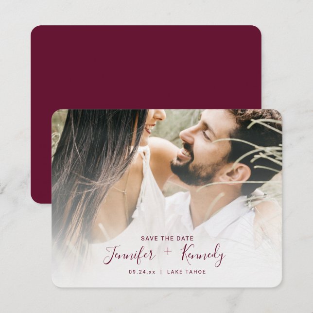 Minimalistisches White Overlay Burgundy Script & F Save The Date (Vorne/Hinten)