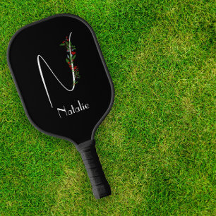Minimalistisches Wildblumen-Monogramm schwarz Pickleball Schläger