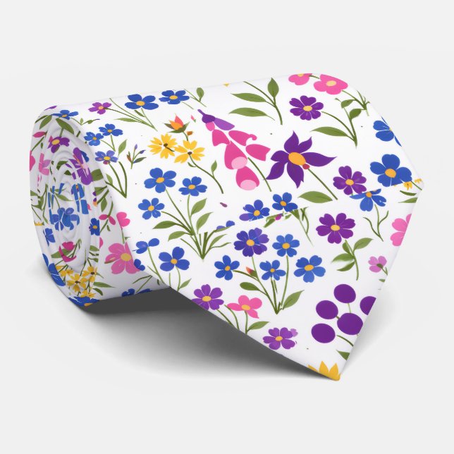 Minimalistisches Wildblumen-Nahtlosmuster auf Weiß Krawatte (Gerollt)