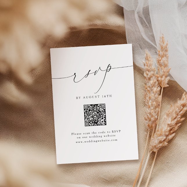 Minimalistisches zeitgenössisches Script QR Code H RSVP Karte (Minimalist Modern Chic Script QR Code Wedding RSVP Card)