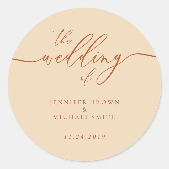 Minimalskript Simple Wedding Party terracotta Runder Aufkleber (Vorderseite)