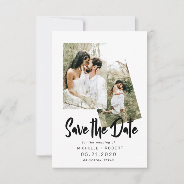 Minimalskript zwei Foto Save the Date Einladung (Vorderseite)