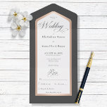 Minimum Black & White Rose Gold Modern No Dinner All In One Einladung<br><div class="desc">MIT ODER OHNE QR-CODE ODER ABENDESWÄHLUNGSOPTIONEN. Dieses Design zeichnet sich durch einen schwarzen Holzkohle-Hintergrund mit einem weißen Textbereich aus,  der in Imitat Rose Gold gerahmt ist. Ein Monogramm mit dem ersten Auftakt der Braut und des Bräutigams auf der Außentafel vervollständigt es. Erstellt von der einfachen Farmhouse Press.</div>