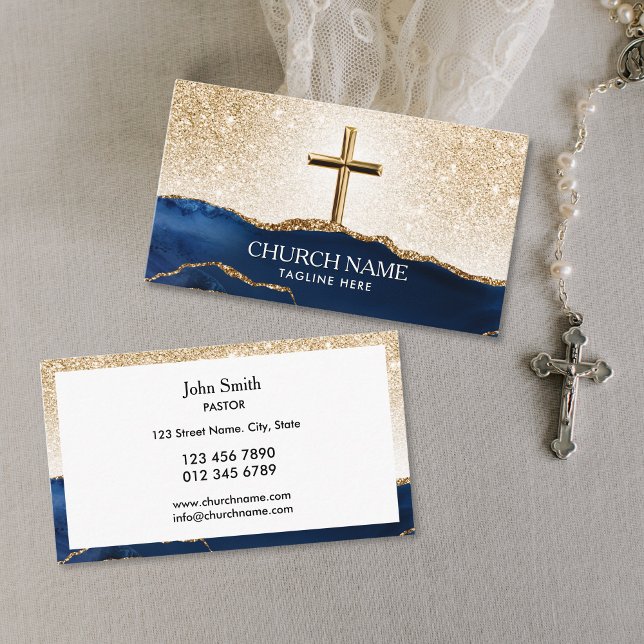 Ministerium Pfarrer Deacon Bischof Gold Cross Visitenkarte (gold cross with blue agate mountains and glitter gold sky church business cards for deacon, bishop, )