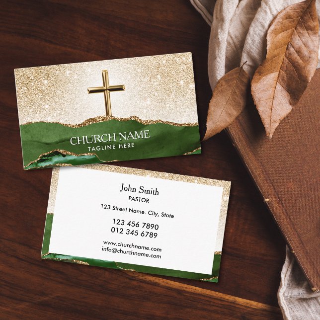 Ministerium Pfarrer Deacon Bischof Gold Cross Visitenkarte (gold cross with green agate mountains and glitter gold sky church business cards for deacon, bishop)