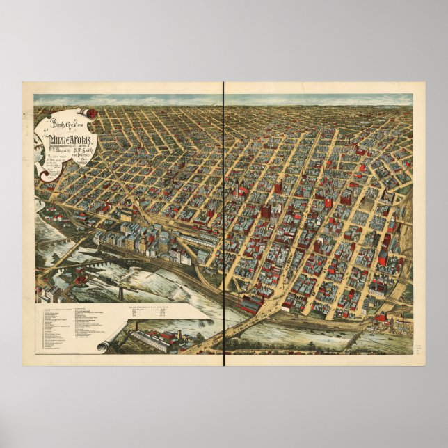 Minneapolis Minnesota 1891 Antique Panoramabalkart Poster (Vorne)