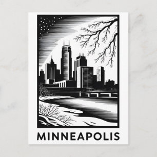 Minneapolis Minnesota Skyline Schwarz Weiß Holzsch Feiertagspostkarte