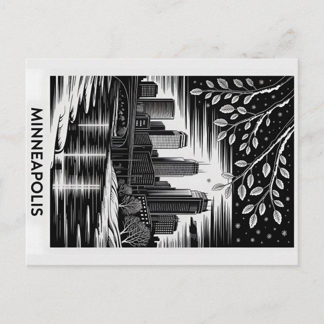 Minneapolis Skyline Black and White Woodcut Winter Postkarte (Vorderseite)