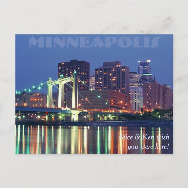 Minneapolis Skyline in der Nacht Postkarte (Vorderseite)
