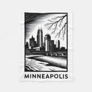 Minneapolis Skyline Schwarz-Weiß-Holzschnitt Winte Fleecedecke