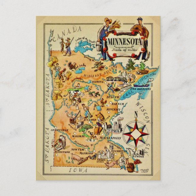 Minnesota Illustriert Map Postkarte (Vorderseite)
