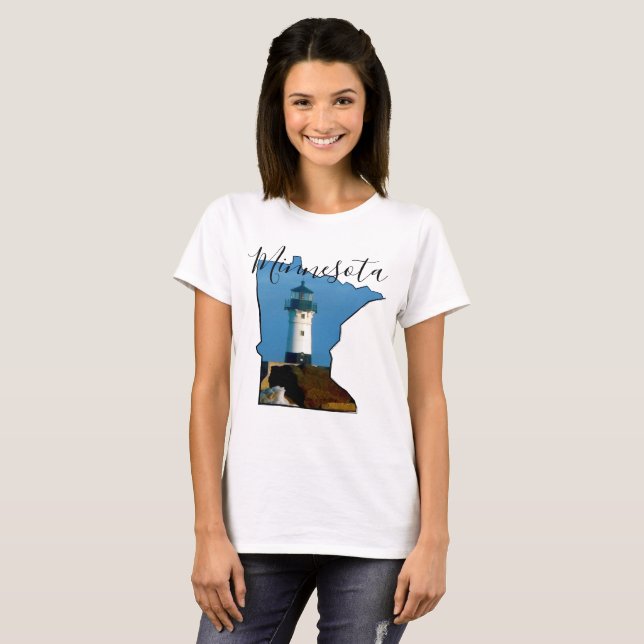 Minnesota Karte mit Leuchtturm T-Shirt (Vorne ganz)