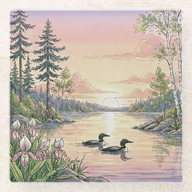 Minnesota Lake Sunset with Loons, Coaster Glasuntersetzer (Vorderseite)