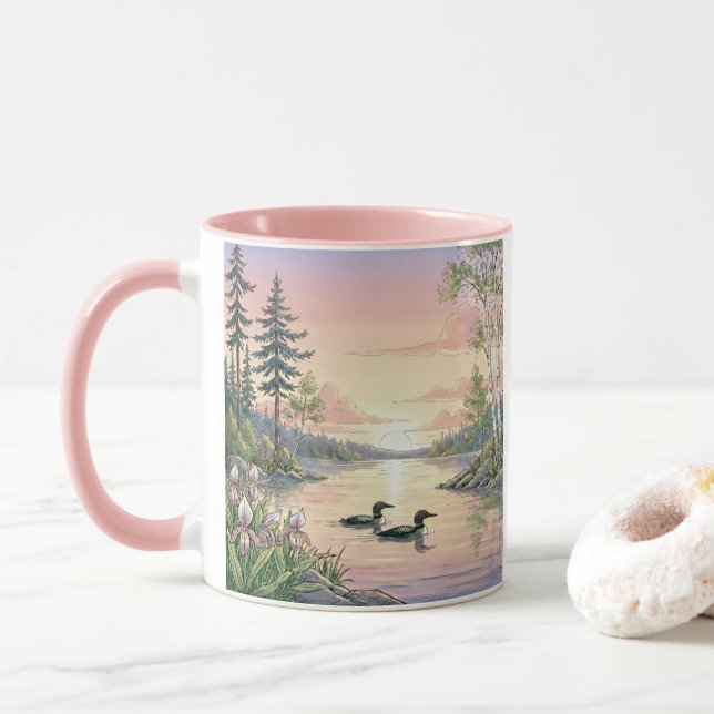 Minnesota Lake Sunset with Loons, Coffee Mug Tasse (Mit Donut)