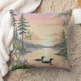 Minnesota Lake Sunset with Loons, Throw Pillow Kissen