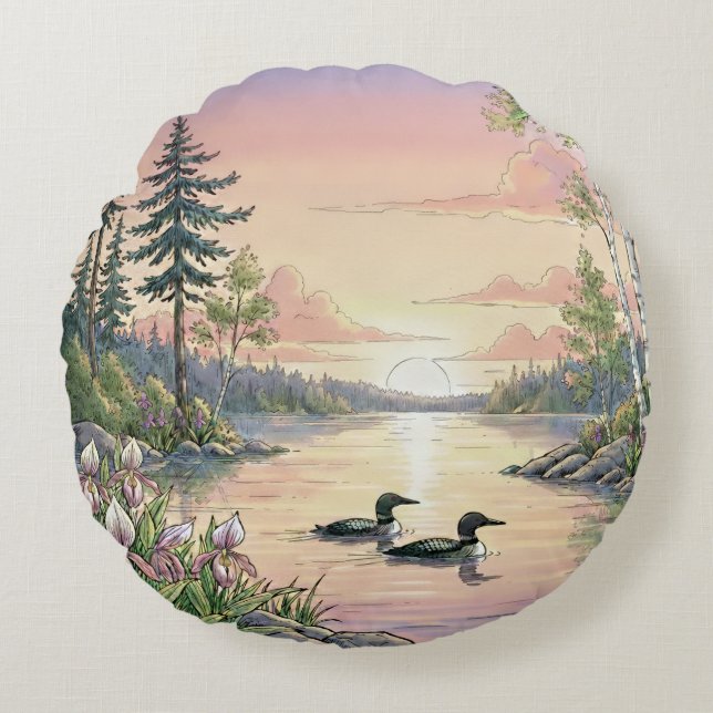 Minnesota Lake Sunset with Loons, Throw Pillow Rundes Kissen (Vorderseite)