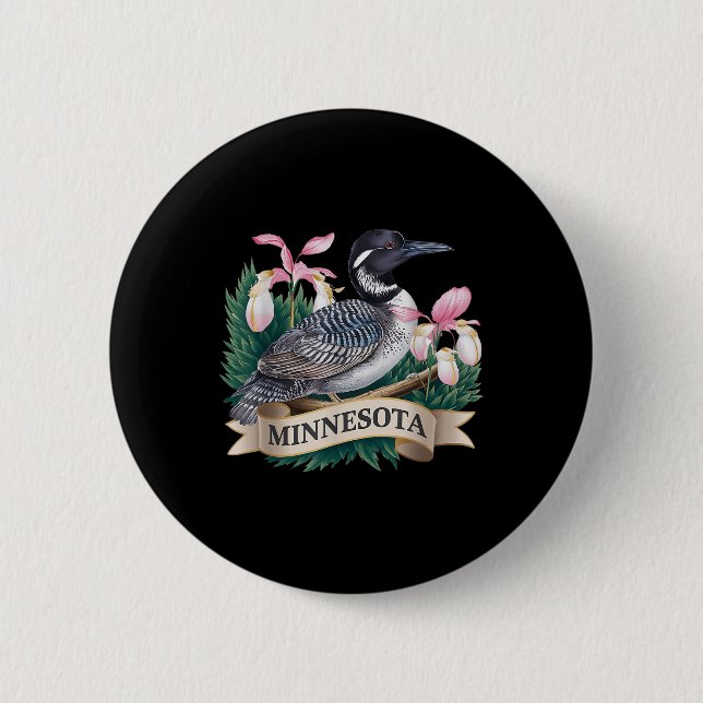 Minnesota Loon Bird and Ladys Slippers Flow Button (Vorderseite)