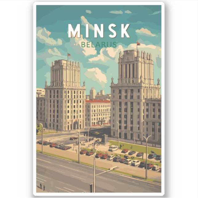 Minsk Belarus Illustration Reisen Kunst Vintag Aufkleber (Vorderseite)