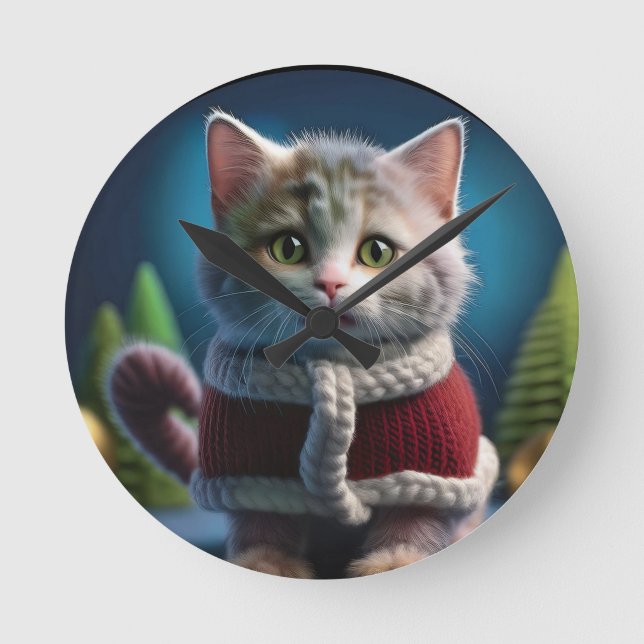 Minskin Kitten in einem WeihnachtsOutfit Runde Wanduhr (Vorderseite)