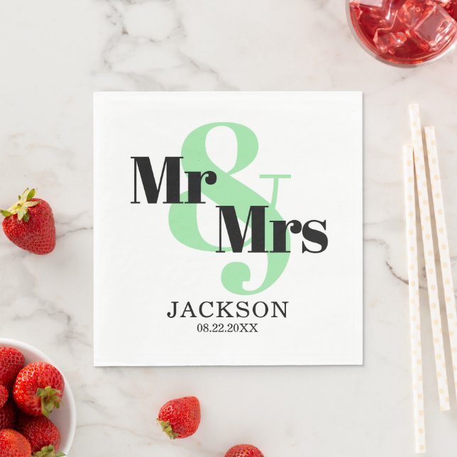 Mint and Black Mr & Mrs. Wedding Serviette (Beispiel)