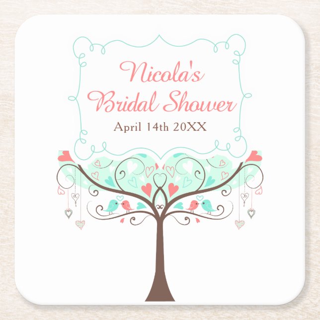 Mint and Coral Floral Bird Bridal Shower  Rechteckiger Pappuntersetzer (Vorderseite)