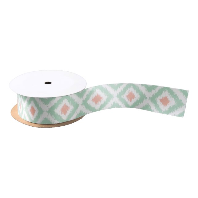 Mint and Coral Ikat Diamonds Muster Satinband (Spule)
