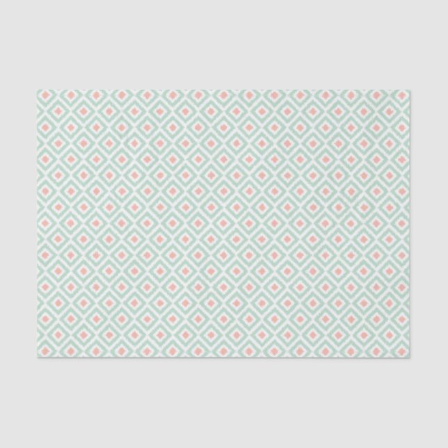 Mint and Coral Ikat Diamonds Muster Seidenpapier (Vorderseite)
