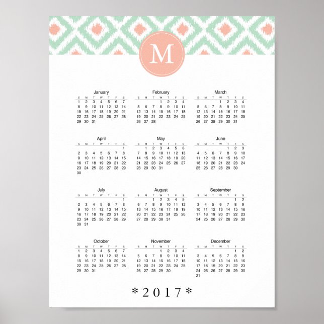 Mint and Coral Ikat Muster 2017 Kalender Poster (Vorne)