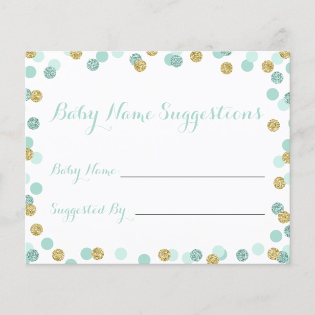 Mint and Gold Baby Dusche Name Suggestion Cards (Vorderseite)
