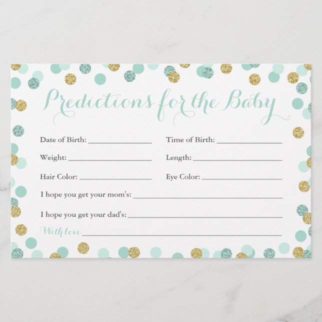 Mint and Gold Baby Predictions Cards für Baby (Vorderseite)