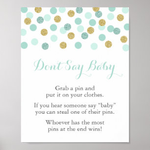 Mint and Gold Baby Shower Say Baby Game Sign Poster