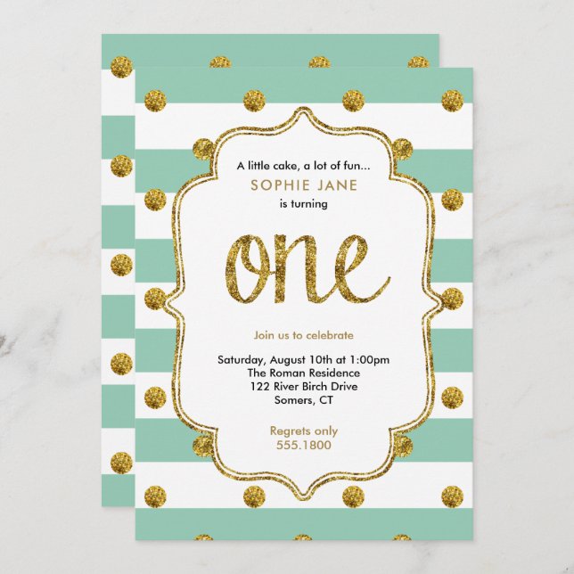 Mint and Gold Erstgeburtstag Glitzer Einladung (Vorne/Hinten)