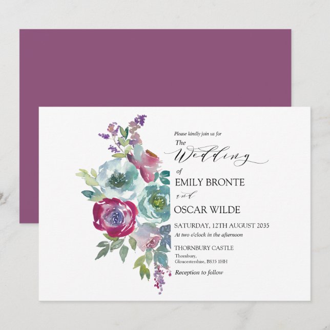Mint and Mauve Watercolor Floral Wedding Invitati Einladung (Vorne/Hinten)