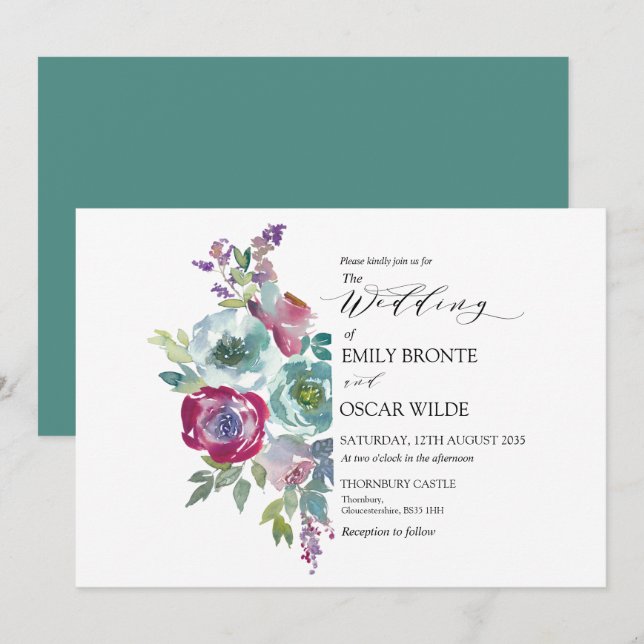 Mint and Mauve Watercolor Floral Wedding Invitati Einladung (Vorne/Hinten)