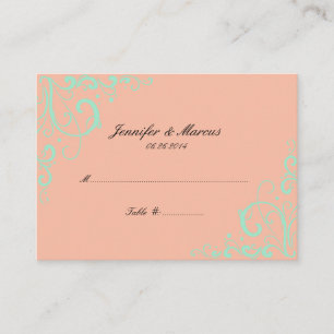 Mint and Peach Ausgereifte Schnörkel Platecards Platzkarte