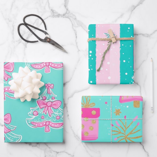 Mint and Pink Christmas Geschenkpapier Set (Vorderseite)