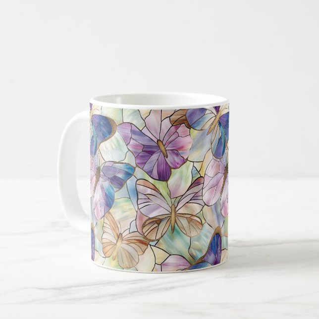 Mint Aqua Blue Lila Schmetterlinge Kaffeetasse (Vorderseite Links)