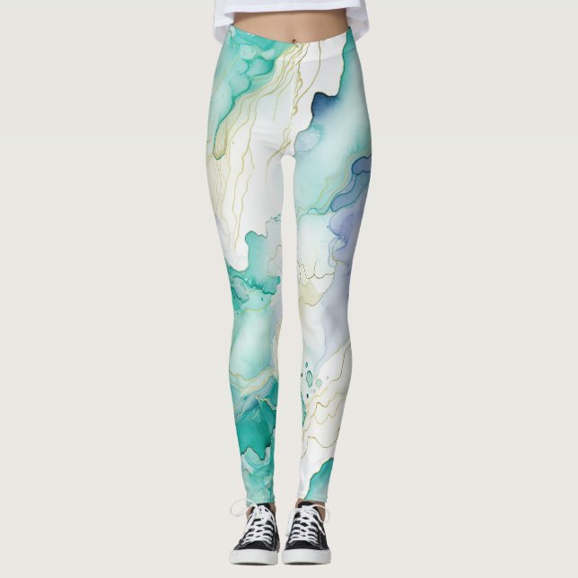 Mint Aqua Blue Tinte Marmor Leggings (Vorderseite)