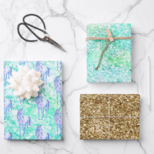 Mint Aqua Confetti Glitzer Unicorn Geschenkpapier Set