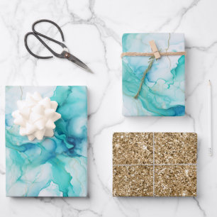 Mint Aqua Gold Tinte Marmor Geschenkpapier Set