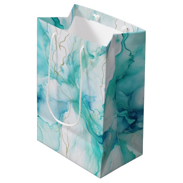 Mint Aqua Gold Tinte Marmor Mittlere Geschenktüte (Vorderseite Schrägansicht)