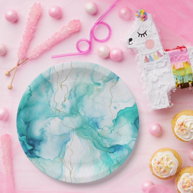 Mint Aqua Gold Tinte Marmor Pappteller (Party)