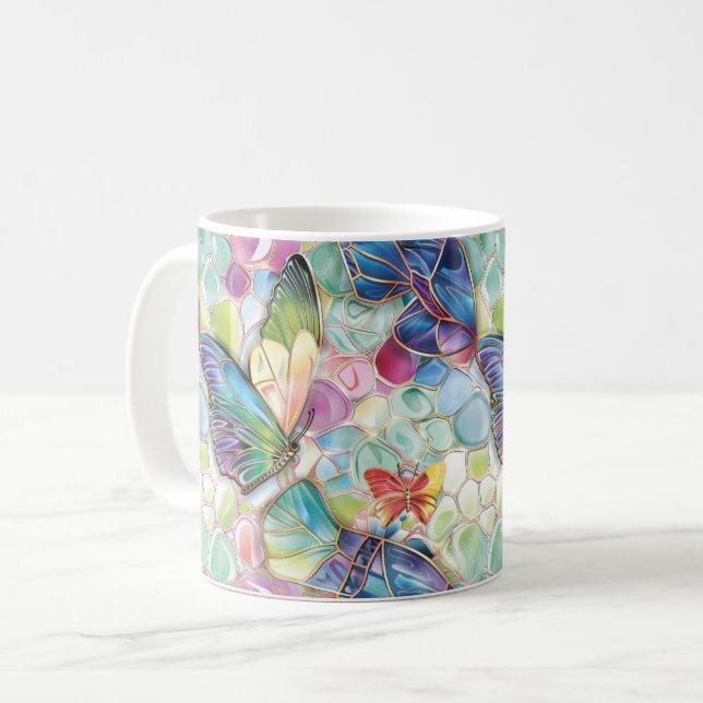 Mint Aqua Lila rosa Schmetterlinge Kaffeetasse (Vorderseite Links)
